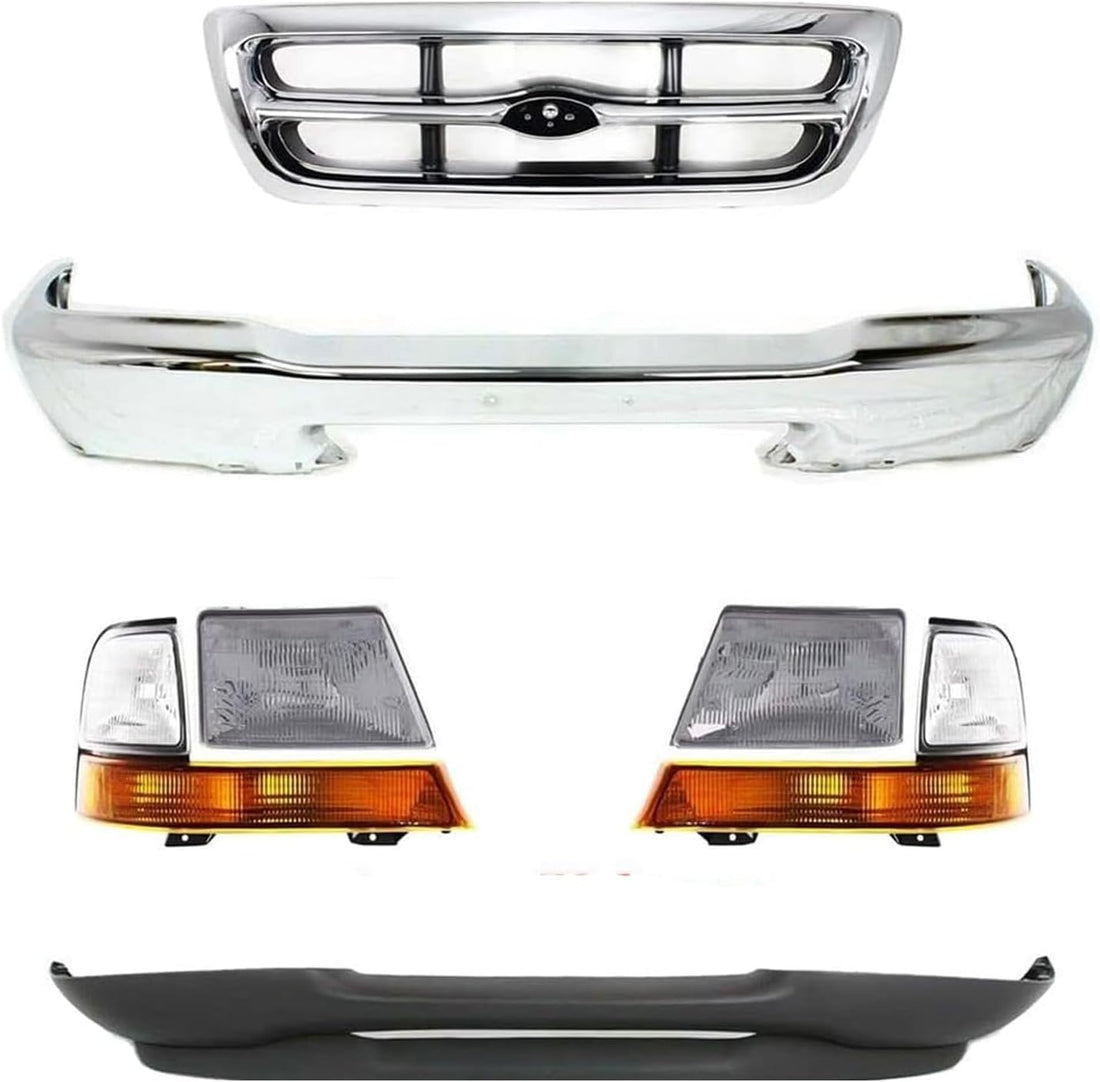 Front Bumper + Grille Chrome + Lower Valance Textured + Headlight + Corner Lamps Right Passenger & Left Driver Side Direct Replacement Compatible With 1998-2000 Ford Ranger FO1200340