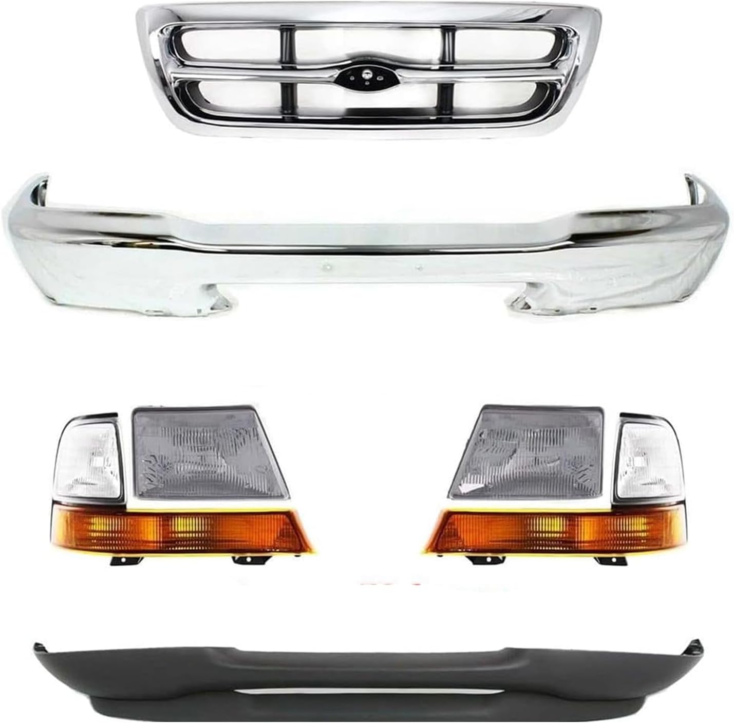 Front Bumper + Grille Chrome + Lower Valance Textured + Headlight + Corner Lamps Right Passenger & Left Driver Side Direct Replacement Compatible With 1998-2000 Ford Ranger FO1200340