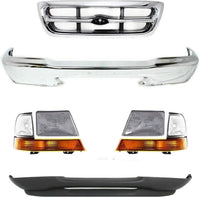 Front Bumper + Grille Chrome + Lower Valance Textured + Headlight + Corner Lamps Right Passenger & Left Driver Side Direct Replacement Compatible With 1998-2000 Ford Ranger FO1200340