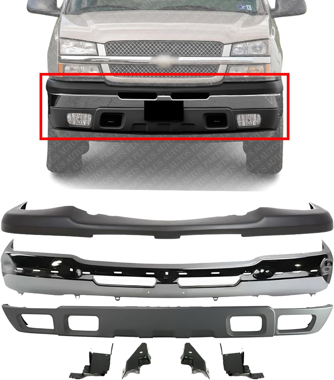 Front Bumper Chrome Steel + Upper Cover + Lower Valance Textured + Brackets Set Of 4 Direct Replacement Compatible With Chevrolet Silverado 1500 2003-2006 / Avalanche 2002-2006