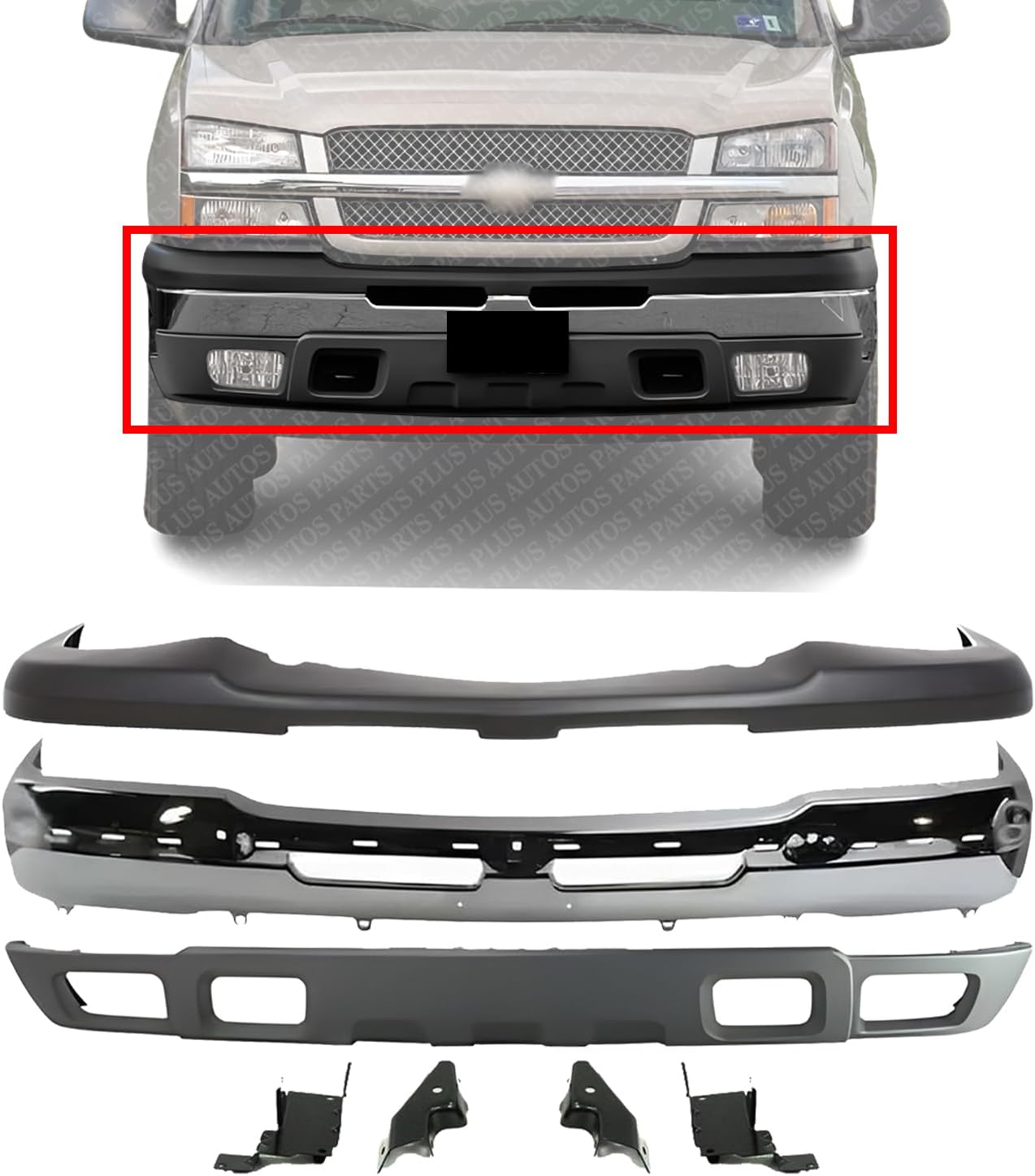 Front Bumper Chrome Steel + Upper Cover + Lower Valance Textured + Brackets Set Of 4 Direct Replacement Compatible With Chevrolet Silverado 1500 2003-2006 / Avalanche 2002-2006