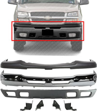 Front Bumper Chrome Steel + Upper Cover + Lower Valance Textured + Brackets Set Of 4 Direct Replacement Compatible With Chevrolet Silverado 1500 2003-2006 / Avalanche 2002-2006