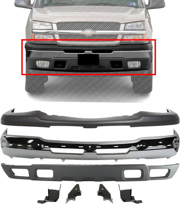 Front Bumper Chrome Steel + Upper Cover + Lower Valance Textured + Brackets Set Of 4 Direct Replacement Compatible With Chevrolet Silverado 1500 2003-2006 / Avalanche 2002-2006