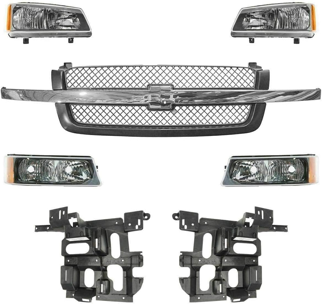 Front Grille Chrome Center Bar + Headlights + Signal Lamps + Support Brackets Left & Right Side Direct Replacement Compatible With 2003-2006 Chevrolet Silverado 1500 2500HD 3500