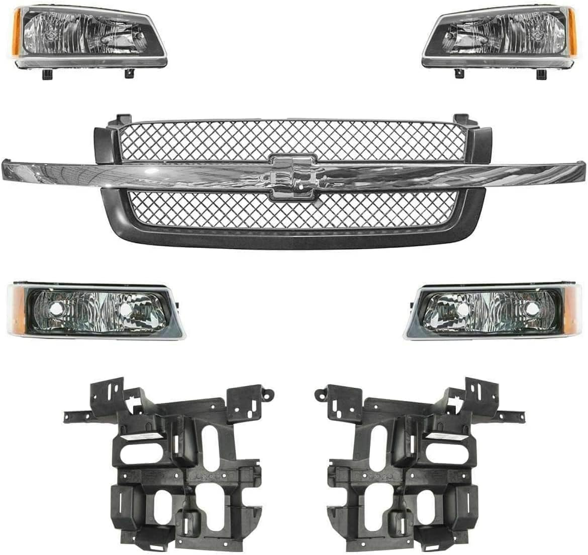Front Grille Chrome Center Bar + Headlights + Signal Lamps + Support Brackets Left & Right Side Direct Replacement Compatible With 2003-2006 Chevrolet Silverado 1500 2500HD 3500