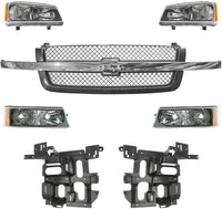 Front Grille Chrome Center Bar + Headlights + Signal Lamps + Support Brackets Left & Right Side Direct Replacement Compatible With 2003-2006 Chevrolet Silverado 1500 2500HD 3500