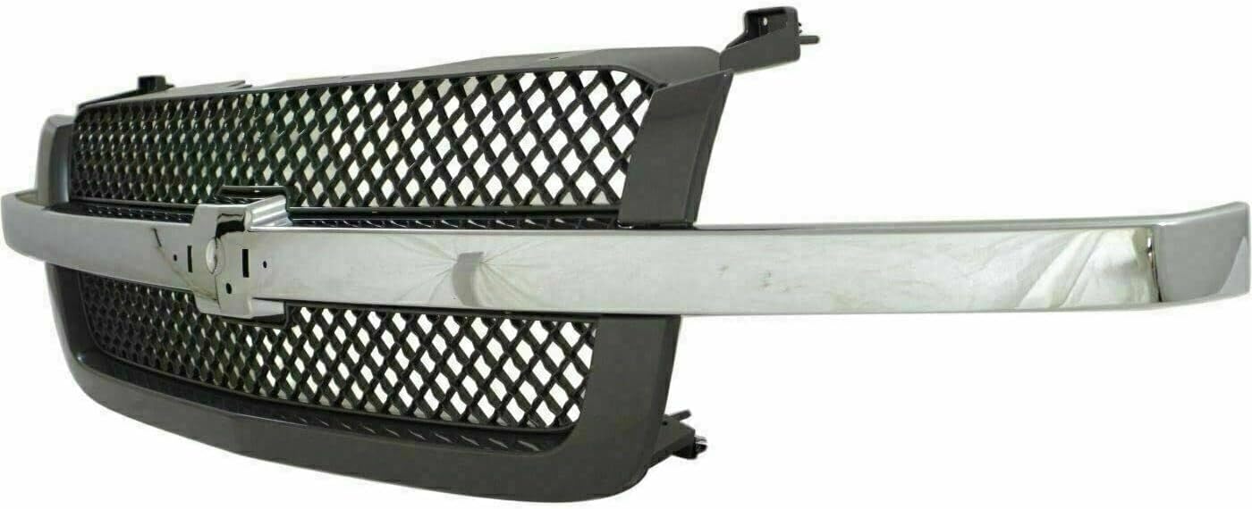 Front Grille Mesh Gray With Chrome Center Bar Direct Replacement Compatible With 2003-2006 Chevrolet Silverado GM1200489 19168629