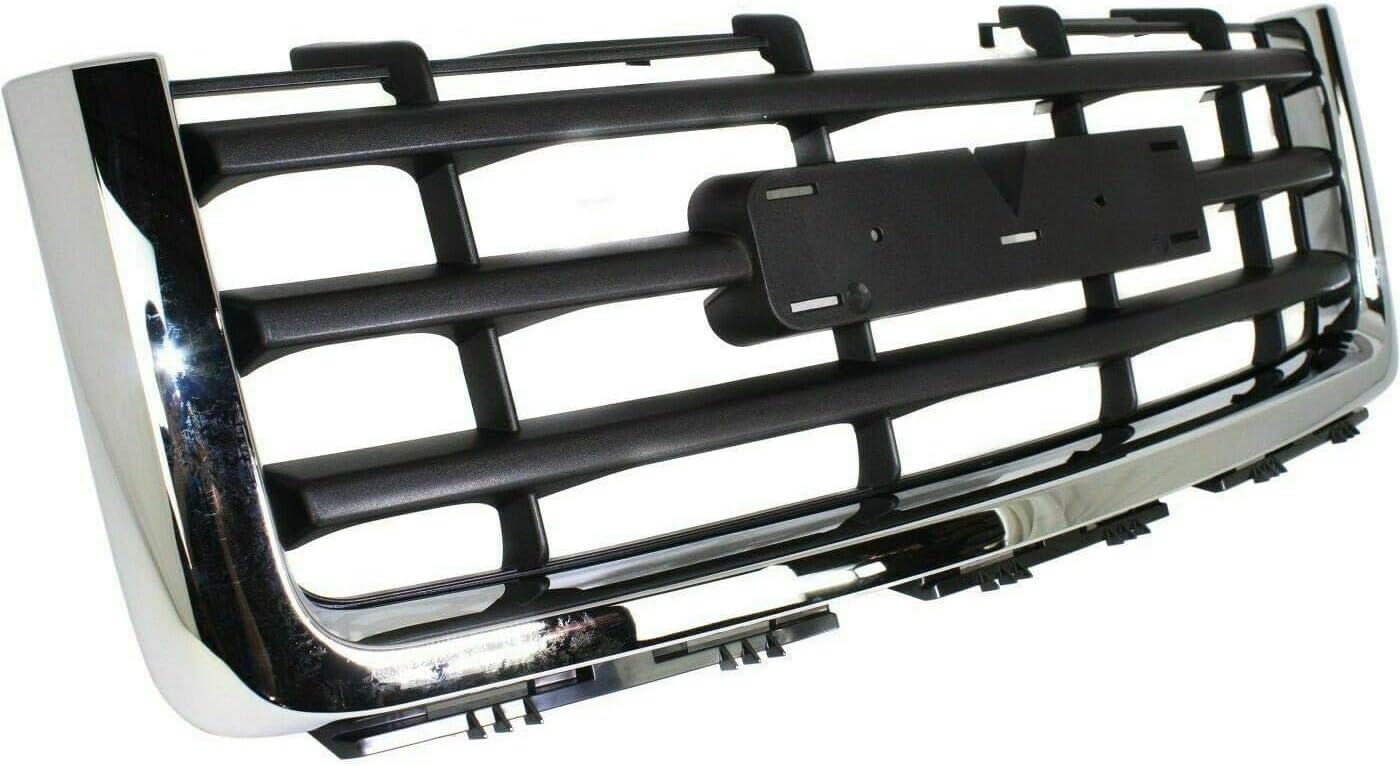 Front Bumper + Grille Chrome Shell With Painted Black Insert + Upper Cover Primed + Bracket + Lower Valance Textured Direct Replacement Compatible With 2007-2013 GMC Sierra 1500