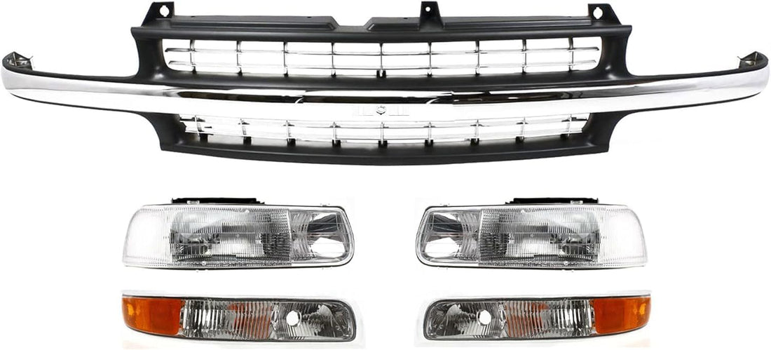 Front Grille Cross Bar Insert With Chrome Center-Bar + Head Lights + Park Lamps Right & Left Side Direct Replacement Compatible With Chevy Silverado 1999-02 / Tahoe/Suburban 2000-06