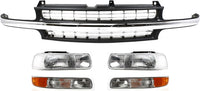 Front Grille Cross Bar Insert With Chrome Center-Bar + Head Lights + Park Lamps Right & Left Side Direct Replacement Compatible With Chevy Silverado 1999-02 / Tahoe/Suburban 2000-06