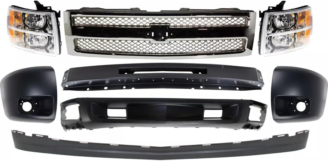Front Bumper Steel + Grille + Lower Valance Air Deflector + Extension + End Caps + Headlights Left & Right Side Direct Replacement Compatible With 2007-2013 Chevrolet Silverado 1500