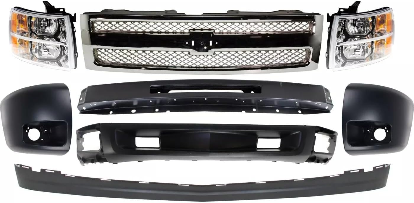 Front Bumper Steel + Grille + Lower Valance Air Deflector + Extension + End Caps + Headlights Left & Right Side Direct Replacement Compatible With 2007-2013 Chevrolet Silverado 1500