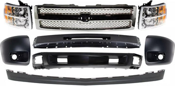 Front Bumper Steel + Grille + Lower Valance Air Deflector + Extension + End Caps + Headlights Left & Right Side Direct Replacement Compatible With 2007-2013 Chevrolet Silverado 1500
