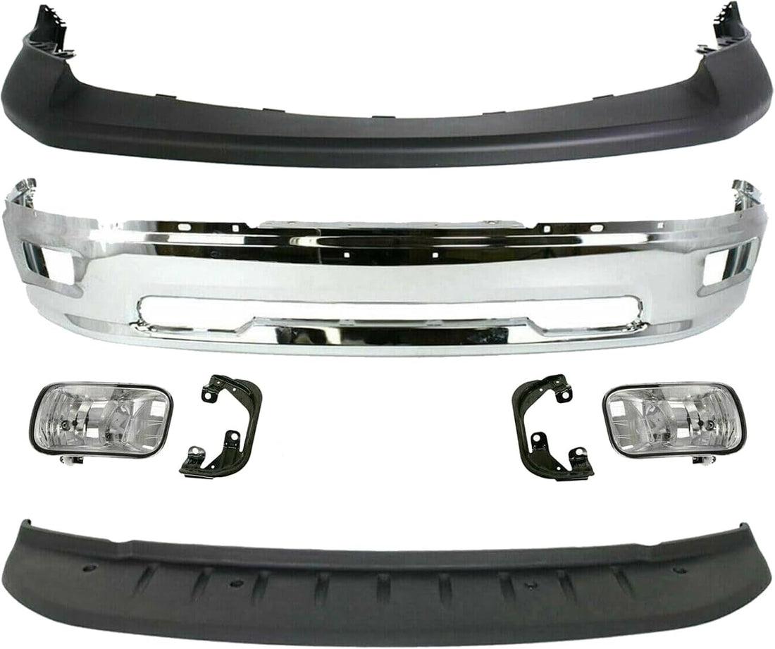 Front Bumper Chrome + Upper Cover Textured + Lower Valance Primed + Fog Lights With Brackets Right & Left Side Direct Replacement Compatible With 2009-2012 Dodge Ram 1500 CH1002386
