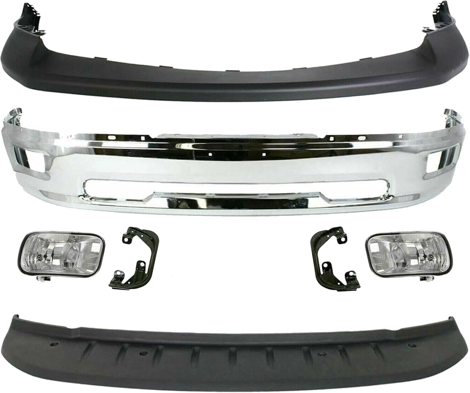 Front Bumper Chrome + Upper Cover Textured + Lower Valance Primed + Fog Lights With Brackets Right & Left Side Direct Replacement Compatible With 2009-2012 Dodge Ram 1500 CH1002386