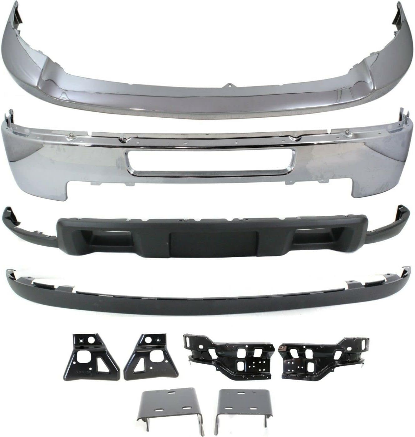 Front Bumper + Upper Cover Chrome + Lower Valance + Extension Textured + Set Of 6 Bracket Left & Right Side Direct Replacement Compatible With Chevy Silverado 2500HD 3500HD 2011-2014
