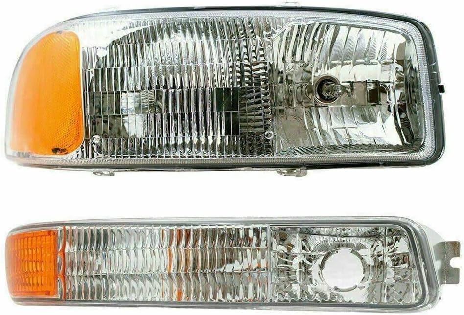 Front Bumper Steel With Brackets+ Grille Chrome + Lower Valance + Head Lights & Park Lamps Left and Right Side Direct Replacement Compatible With 2003-2006 GMC Sierra 1500
