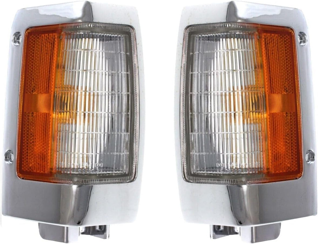 Set Of 2 Front Corner Lamp Assembly With Chrome Trim Right Passenger & Left Driver Side Direct Replacement Compatible With 1990-1997 Nissan Pickup NI2551107 NI2550107 B611088G00