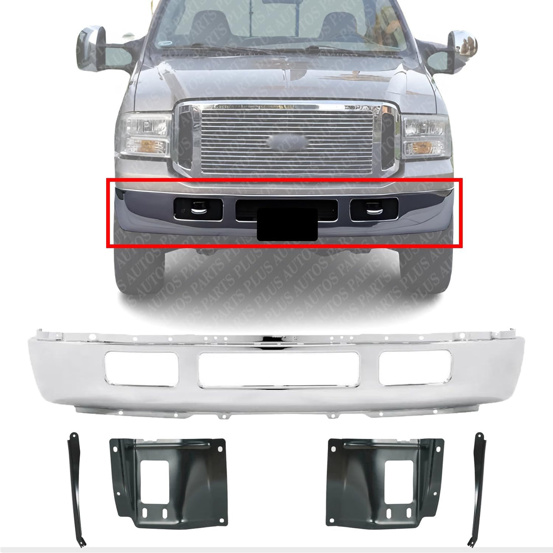 AUTOS PARTS PLUS Front Bumper Chrome + Outer & Mounting Plate Brackets Right Passenger & Left Driver Side Direct Replacement Compatible With 2005-2007 Ford F-Series Super Duty FO1002392 FO1067163