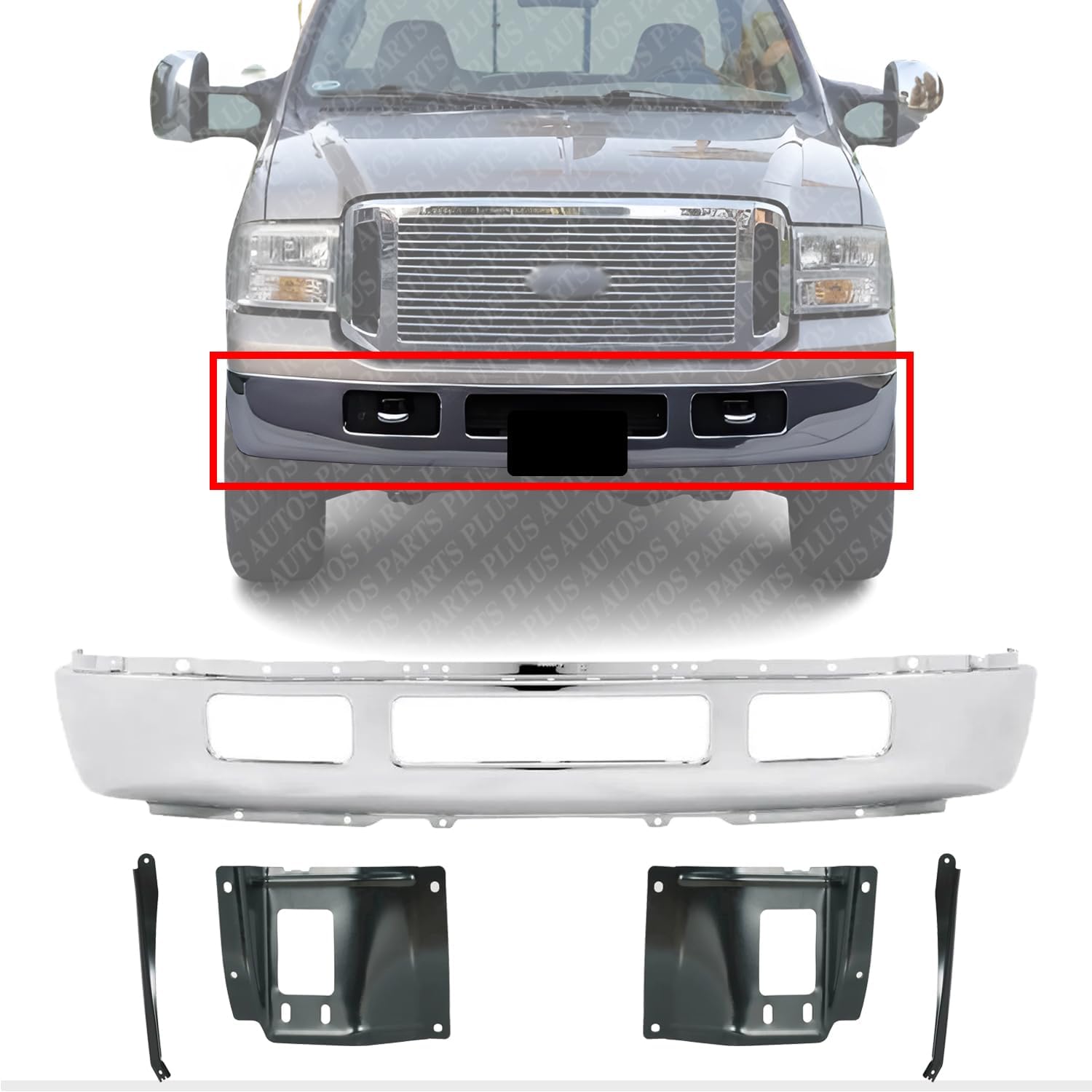 AUTOS PARTS PLUS Front Bumper Chrome + Outer & Mounting Plate Brackets Right Passenger & Left Driver Side Direct Replacement Compatible With 2005-2007 Ford F-Series Super Duty FO1002392 FO1067163