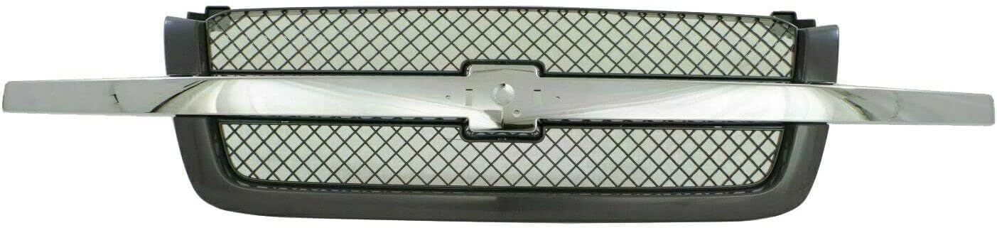 Front Bumper Chrome + Grille Mesh With Chrome Center Bar + Upper Cover + Valance Textured + Bracket Set of 6 Direct Replacement For Chevy Silverado 1500 2003-2006 / Avalanche 02-2006