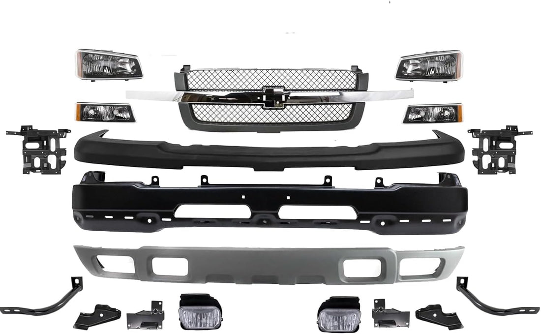 Front Bumper Primed Steel + Grille + Upper Cover + Lower Valance + Brackets + Headlights + Fog Lamps Left & Right Direct Replacement Compatible With 2003-2006 Chevy Silverado 1500