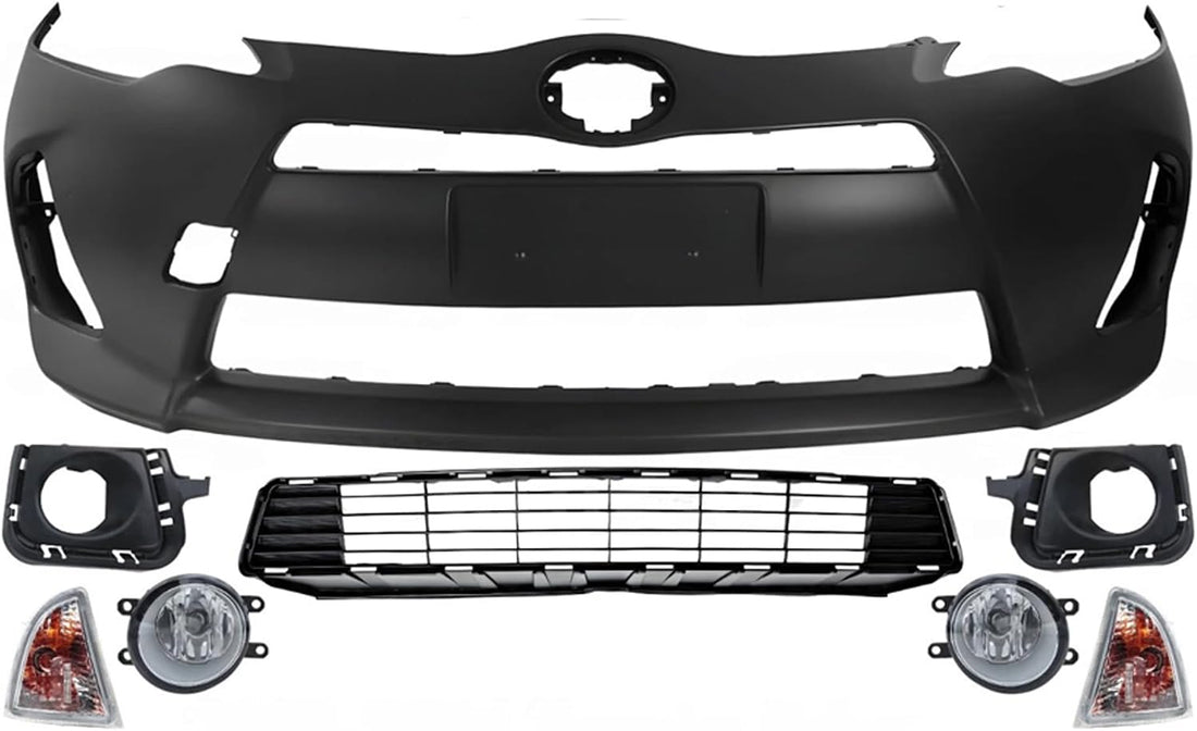 Front Bumper Cover Primed Plastic + Lower Grille + Turn Signal Lamp + Fog Light + Trim Left Driver & Right Passenger Side Direct Replacement Compatible With 2012-2014 Toyota Prius C