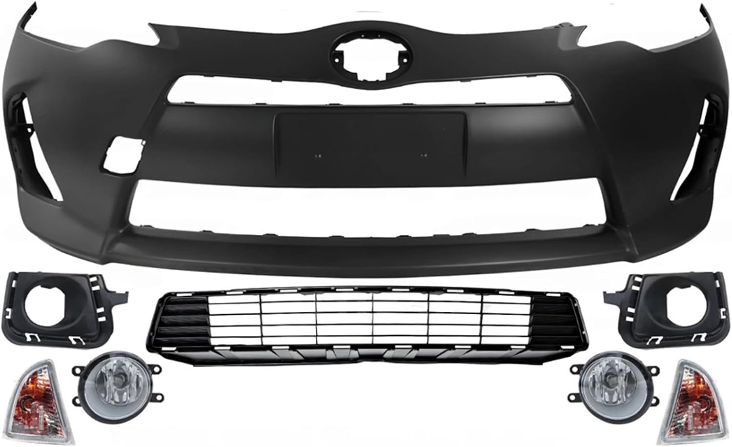 Front Bumper Cover Primed Plastic + Lower Grille + Turn Signal Lamp + Fog Light + Trim Left Driver & Right Passenger Side Direct Replacement Compatible With 2012-2014 Toyota Prius C