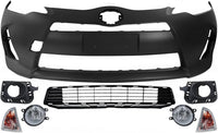 Front Bumper Cover Primed Plastic + Lower Grille + Turn Signal Lamp + Fog Light + Trim Left Driver & Right Passenger Side Direct Replacement Compatible With 2012-2014 Toyota Prius C