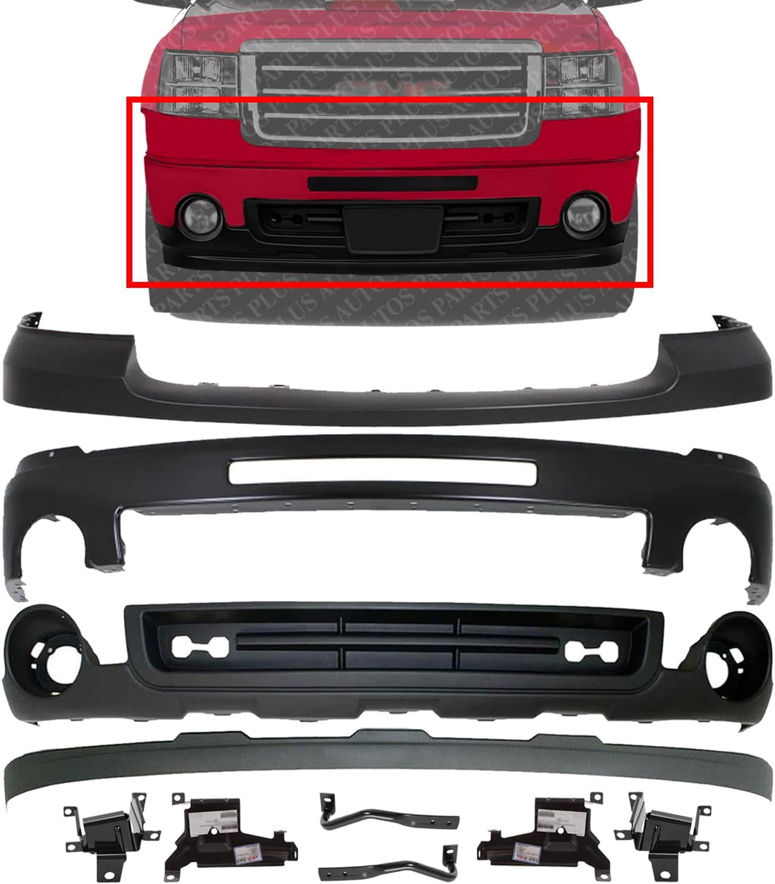 Front Bumper Steel + Upper Cover Primed + Lower Valance + Extension Textured + Bracket Set Of 6 Direct Replacement Compatible With GMC Sierra 1500 2007-2013 GM1014102 GM1015100