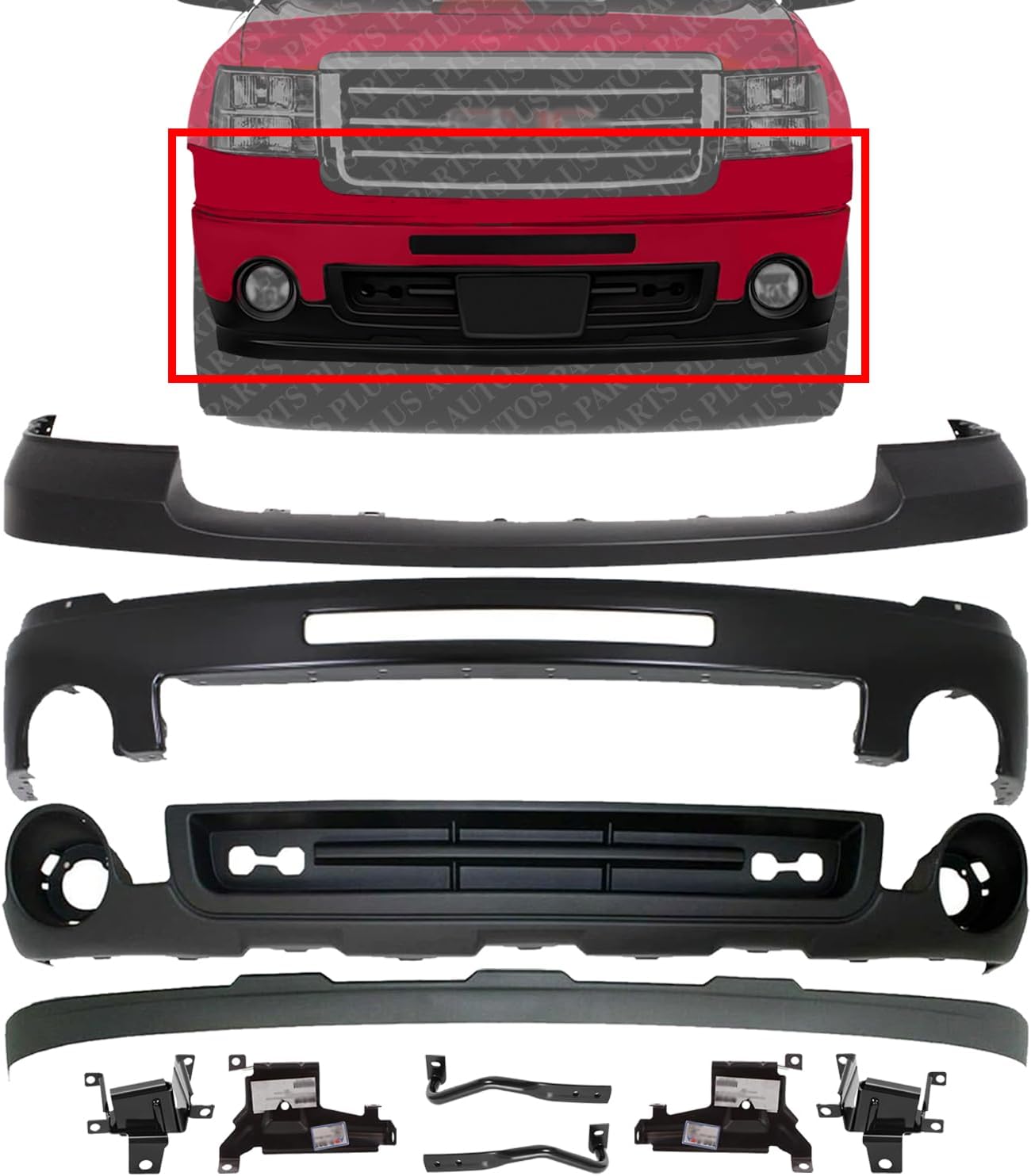 Front Bumper Steel + Upper Cover Primed + Lower Valance + Extension Textured + Bracket Set Of 6 Direct Replacement Compatible With GMC Sierra 1500 2007-2013 GM1014102 GM1015100