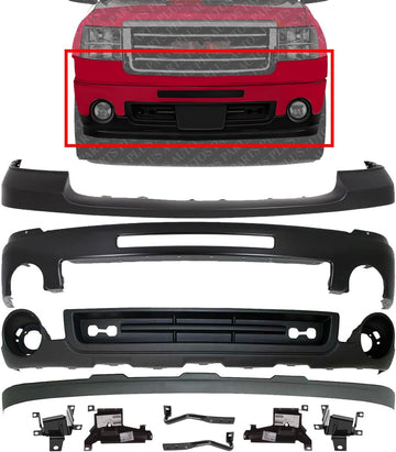 Front Bumper Steel + Upper Cover Primed + Lower Valance + Extension Textured + Bracket Set Of 6 Direct Replacement Compatible With GMC Sierra 1500 2007-2013 GM1014102 GM1015100