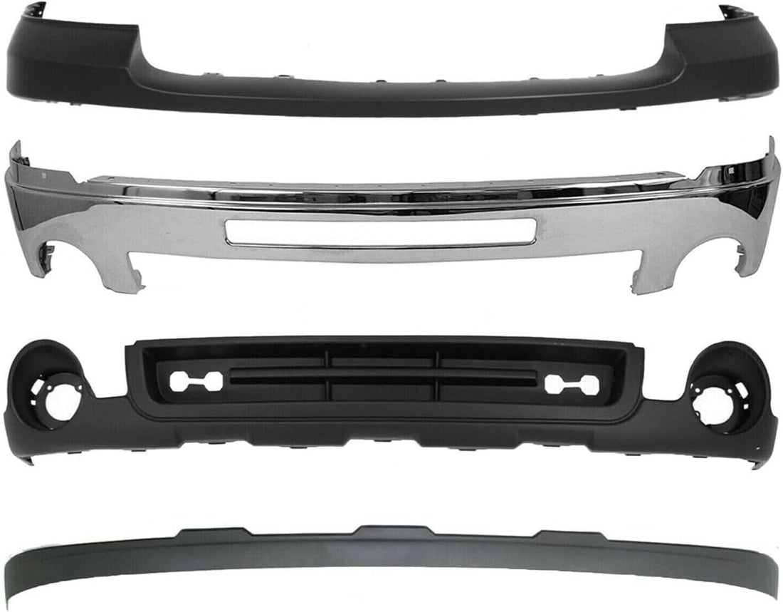 Front Bumper Chrome Steel + Upper Cover Primed + Lower Valance Air Deflector + Extension Textured Direct Replacement Compatible With GMC Sierra 1500 2007-2013 GM1015100 GM1014102