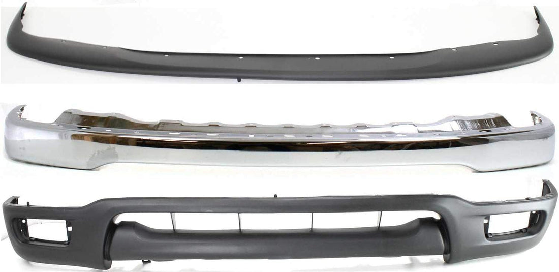 Front Bumper Chrome Steel + Upper Filler + Lower Valance + Signal Lights Left Driver & Right Passenger Side Direct Replacement Compatible With 2001-2004 Toyota Tacoma TO1095196