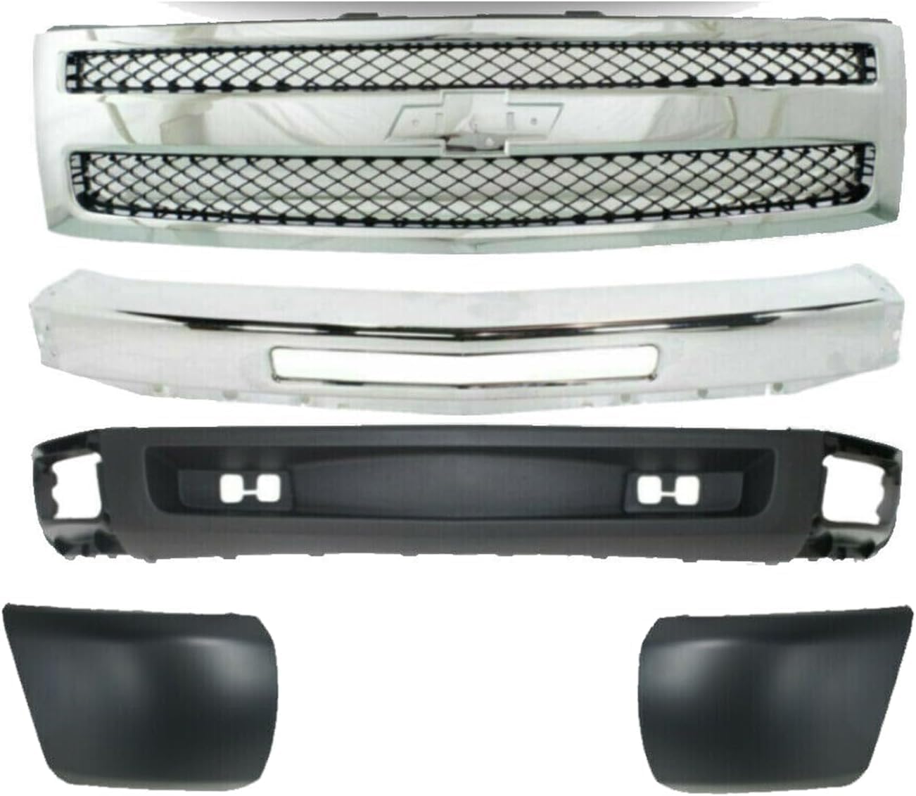 Front Bumper Steel + Grille Chrome Shell And Black Insert + Lower Valance Textured + End Caps Primed RH & LH Side Direct Replacement Compatible With Chevrolet Silverado 1500 2009-2013