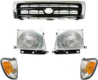 Front Grille Chrome Shell & Painted Dark Argent Insert + Fillers + Corner Lights + Headlights + Brackets Left & Right Side Direct Replacement Compatible With 1998-2000 Toyota Tacoma
