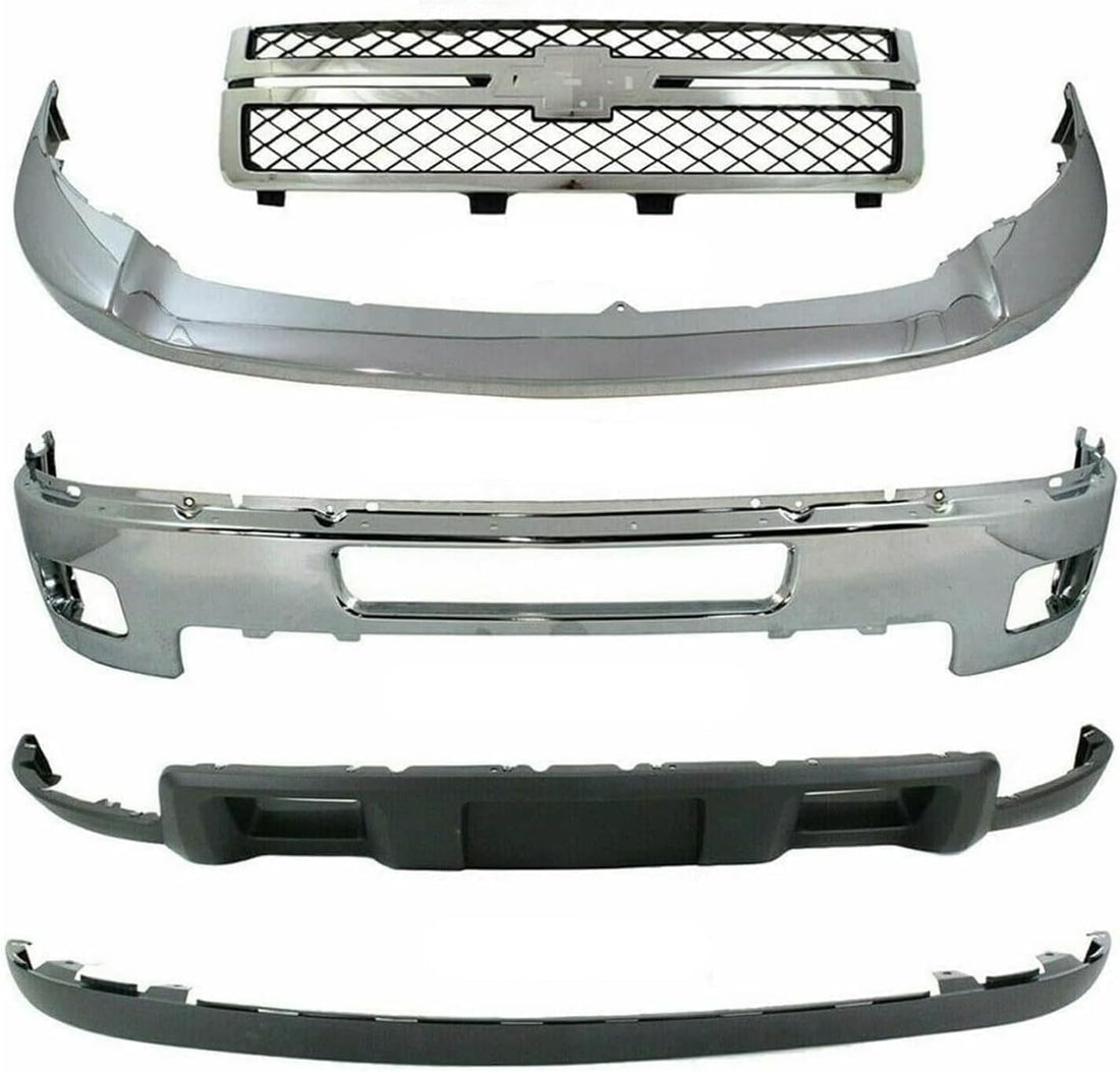 Front Bumper Impact Bar Chrome + Grille + Upper Cover + Lower Valance + Extension Textured Direct Replacement Compatible With 2011-2014 Chevrolet Silverado 2500HD 3500 GM1014106