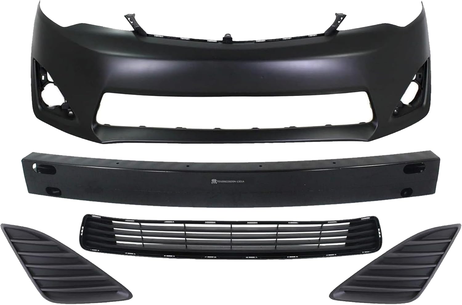 Front Bumper Cover Primed + Lower Grille + Reinforcement Steel + Fog Light Cover Textured Left & Right Side Direct Replacement Compatible With 2012-2014 Toyota Camry TO1000378