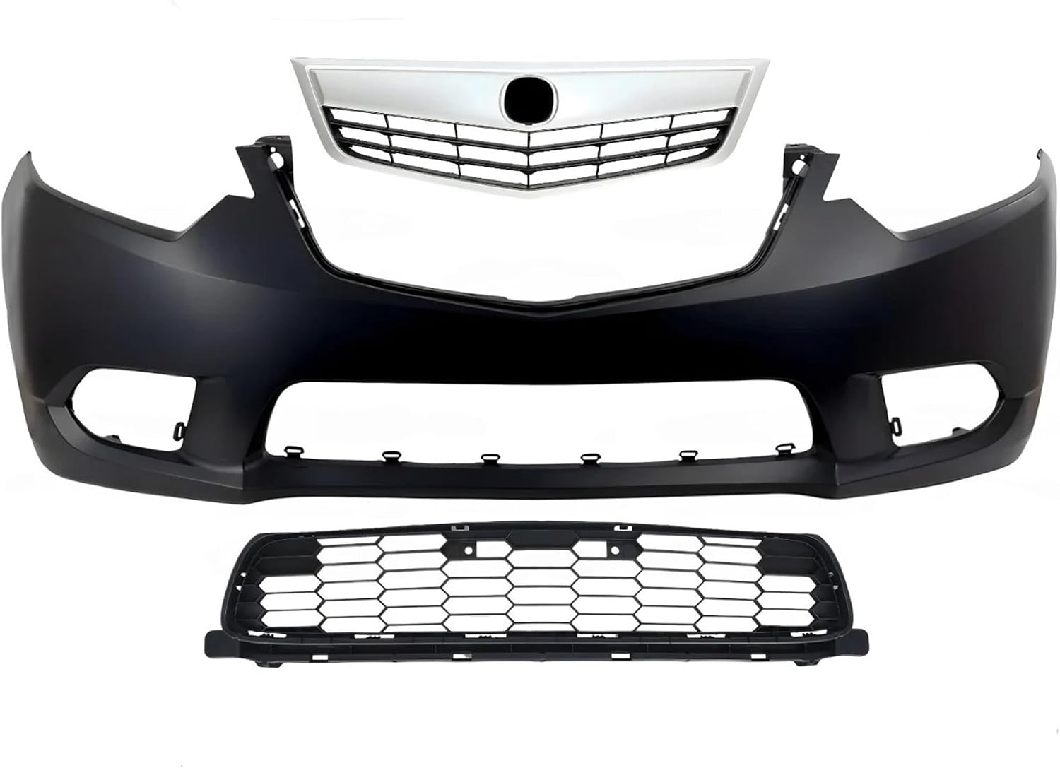 Front Bumper Cover Primed Plastic + Upper & Lower Grille Direct Replacement Compatible With 2011-2014 Acura TSX