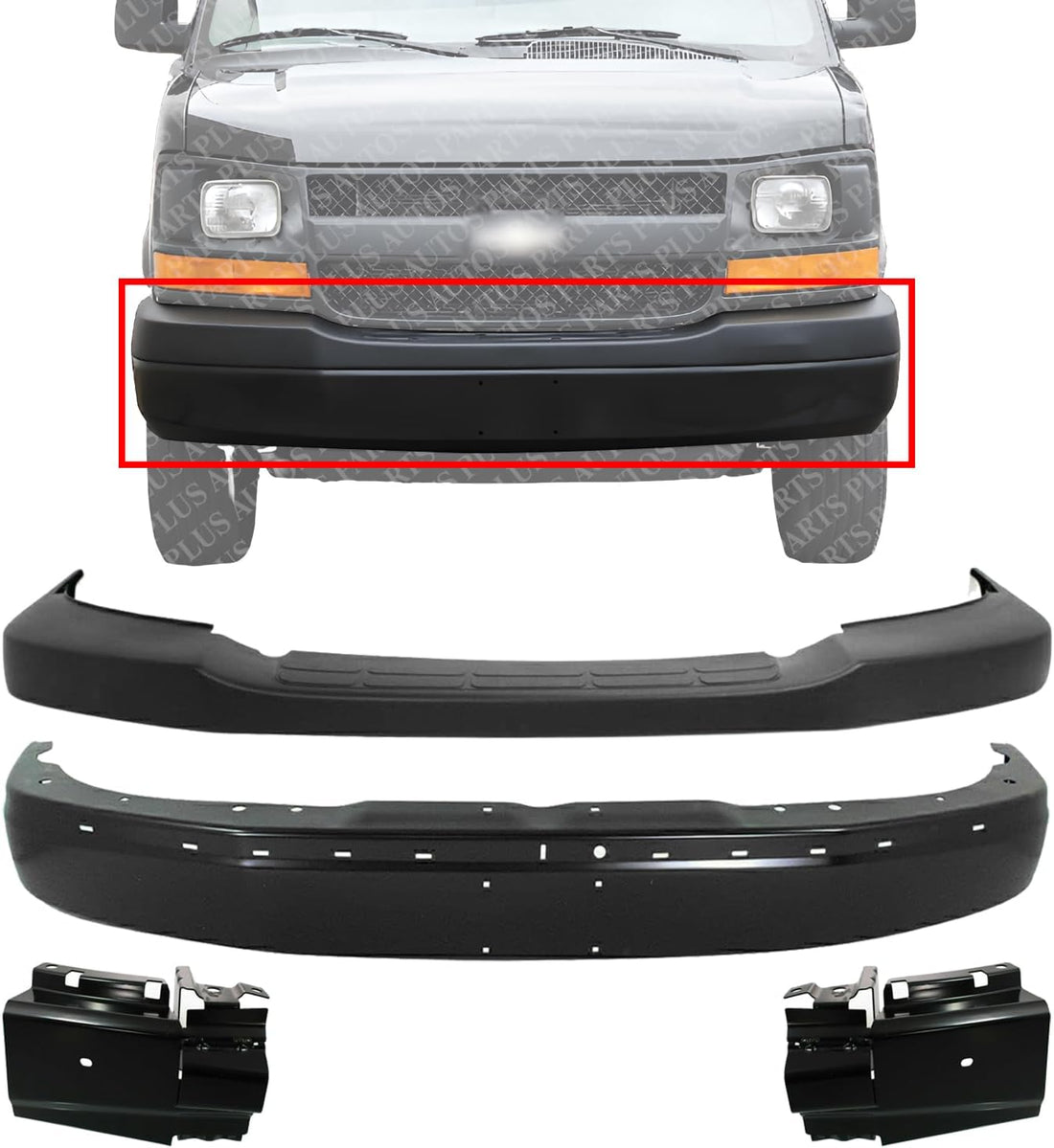 Front Bumper Face Bar Primed Steel + Upper Cover Textured + Brackets Left Driver & Right Passenger Side Direct Replacement Compatible With 2003-2023 Chevrolet Express/GMC Savana Van