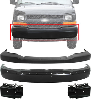 Front Bumper Face Bar Primed Steel + Upper Cover Textured + Brackets Left Driver & Right Passenger Side Direct Replacement Compatible With 2003-2023 Chevrolet Express/GMC Savana Van