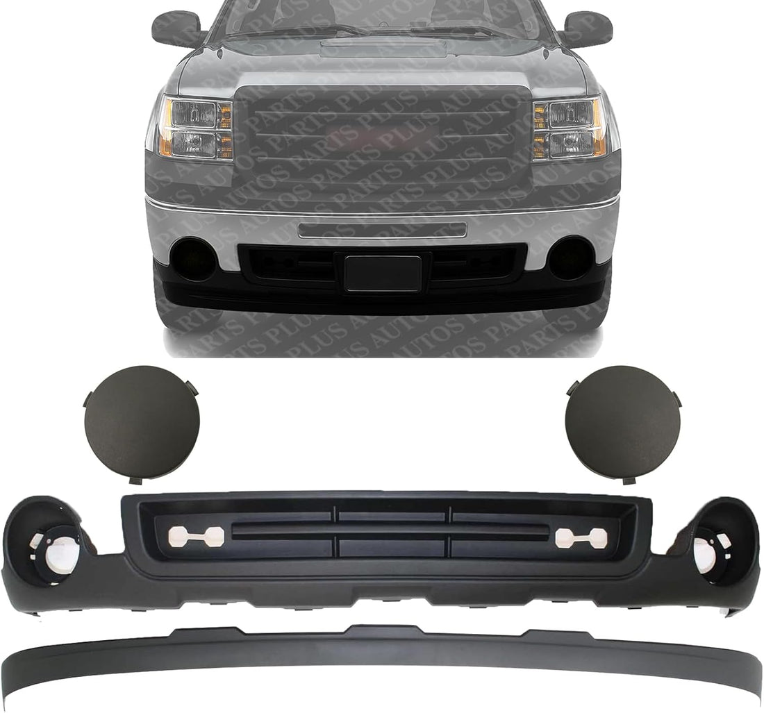 Front Bumper Lower Valance Air Deflector Textured + Extension + Fog Lamp Covers Left Driver & Right Passenger Side Direct Replacement Compatible With 2007-2013 GMC Sierra 1500