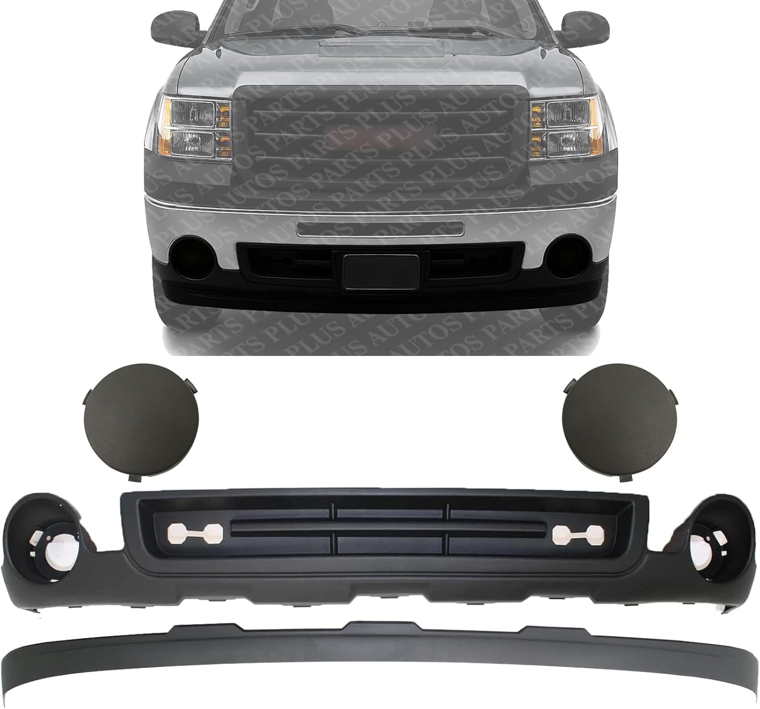 Front Bumper Lower Valance Air Deflector Textured + Extension + Fog Lamp Covers Left Driver & Right Passenger Side Direct Replacement Compatible With 2007-2013 GMC Sierra 1500