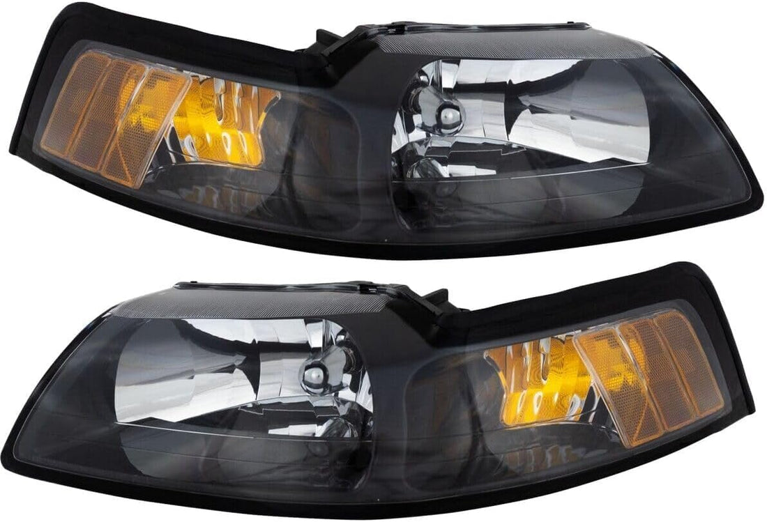 Set Of 2 Front Headlight Lens And Housing With Black Interior Left Driver & Right Passenger Side Direct Replacement Compatible With 1999-2004 Ford Mustang FO2502177 FO2503177