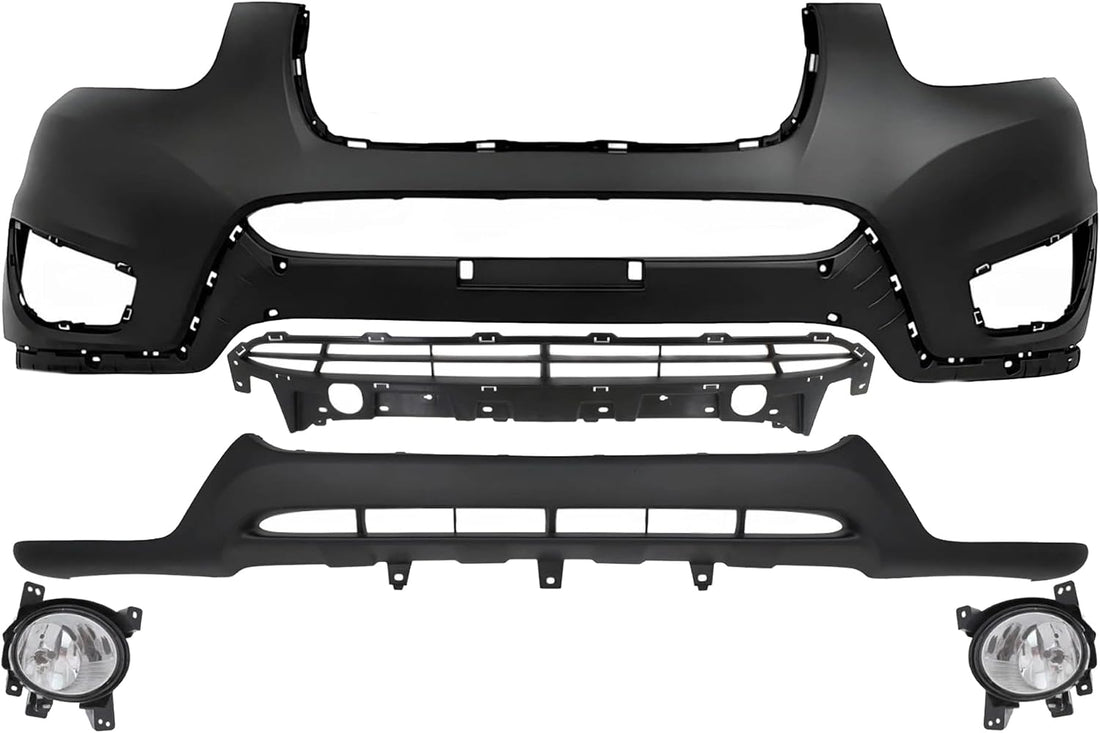 Front Bumper Cover Primed Plastic + Lower Valance + Grille + Fog Lights Left Driver & Right Passenger Side Direct Replacement Compatible With 2010-2012 Hyundai Santa Fe