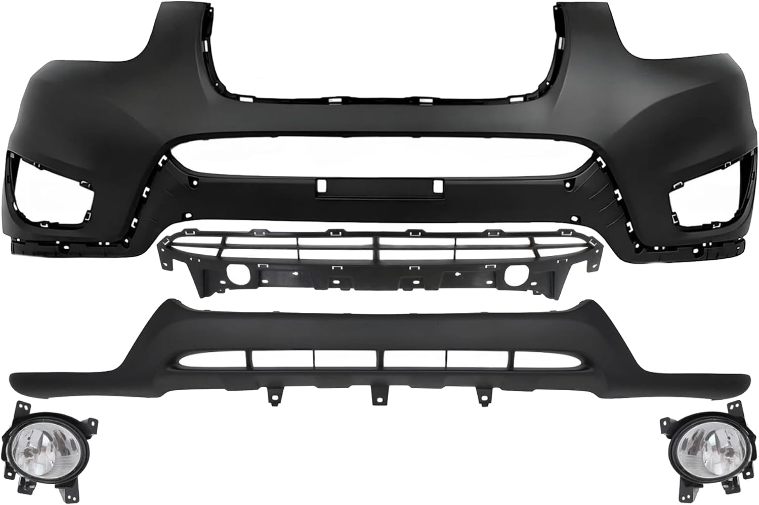 Front Bumper Cover Primed Plastic + Lower Valance + Grille + Fog Lights Left Driver & Right Passenger Side Direct Replacement Compatible With 2010-2012 Hyundai Santa Fe
