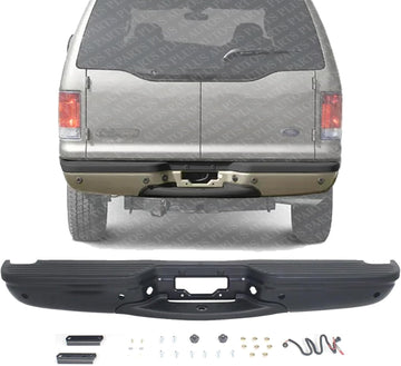 Step Bumper Assembly Primed Steel With Rear Object Sensor Hole Direct Replacement Compatible With 2000-2005 Ford Excursion REPF823904 3C7Z17906CAA-PFM