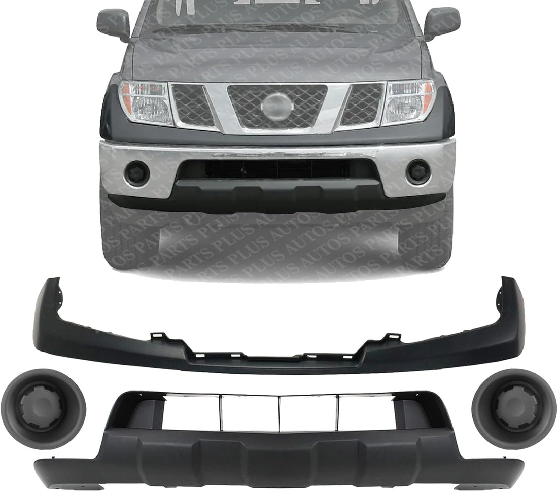 Front Bumper Upper Cover Primed Steel + Lower Valance + Fog Lamp Cover Left Driver & Right Passenger Side Direct Replacement Compatible With 2005-2019 Nissan Frontier NI1014100