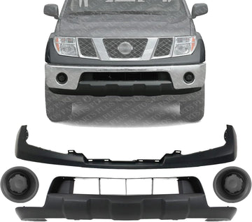 Front Bumper Upper Cover Primed Steel + Lower Valance + Fog Lamp Cover Left Driver & Right Passenger Side Direct Replacement Compatible With 2005-2019 Nissan Frontier NI1014100