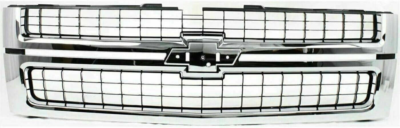 Front Grille Chrome Shell & Insert + Hood Molding Direct Replacement Compatible With 2007-2010 Chevrolet Silverado 2500/3500 HD GM1200608 GM1235112 25825521 15911579